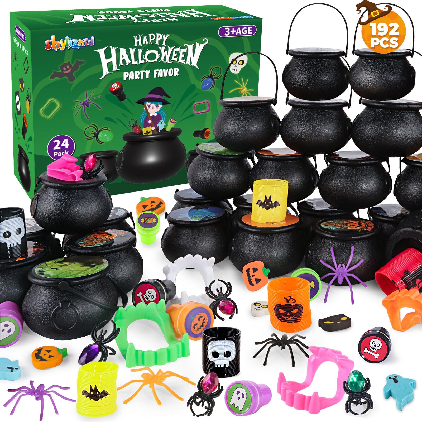 ShyLizard Halloween Party Favors Bulk for Kids, 24 Pack Prefilled Witch Cauldrons with Halloween Toys for Halloween Party Supplies, Halloween Goodie Bag Fillers, Halloween Miniatures Novelty Toys