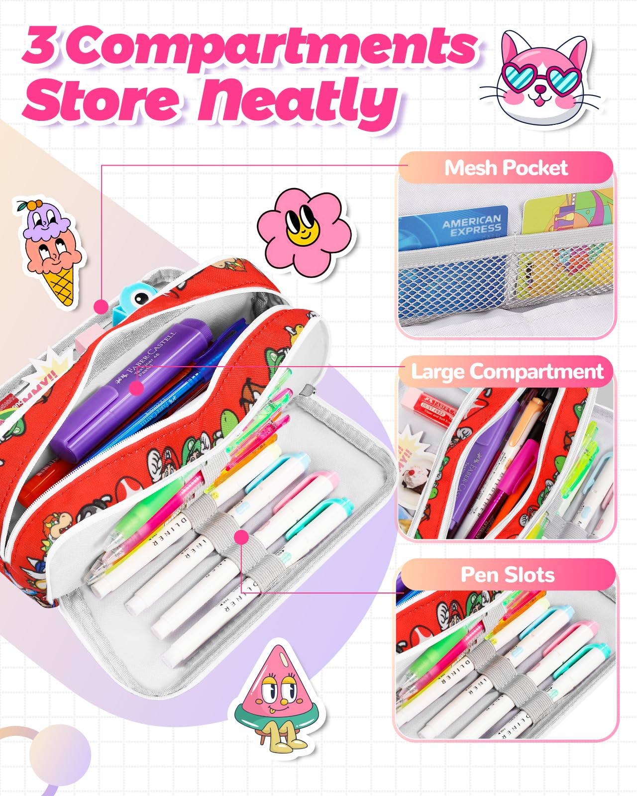 Trendy Fun for Large Pencil Case Big Capacity 3 Compartments Pencil Pouch Cute Cartoon Design Aesthetic Pen Bag with Zipper for Girls Teens Estuche para Lapices Sticker +Pen+ ID Badge Holder+Lanyard