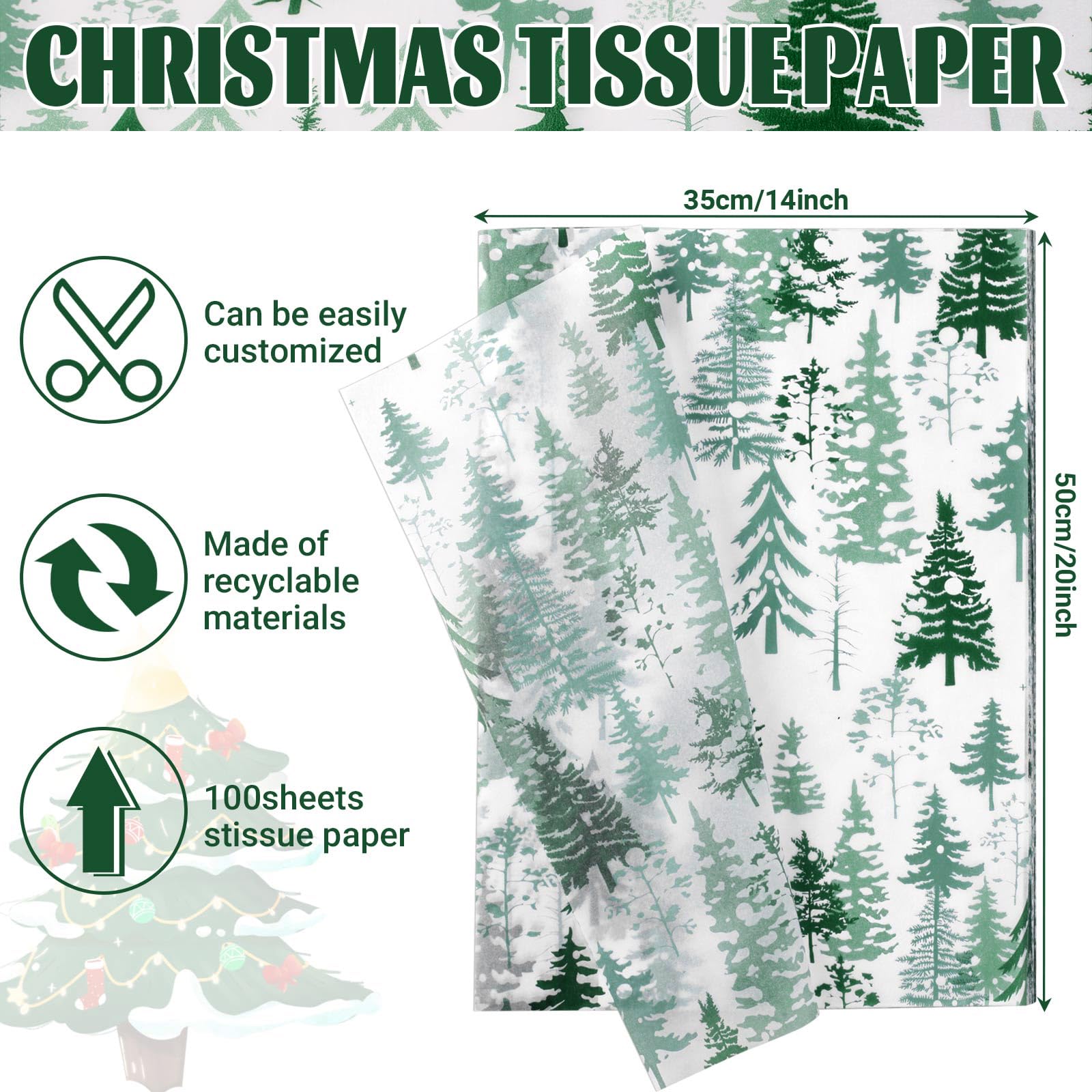 100 Sheets 20 * 14 Inches Christmas Tissue Paper for Gift Bags, Green Christmas Tree Pattern Tissue Paper for Gift Wrapping, Rustic Art Tissue for Winter Holidays Birthday Xmas New Year DIY Craft