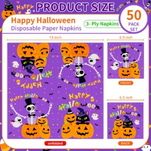 DYLIVeS Halloween Party Napkins, Purple Halloween Pumpkin Cats Ghosts Skeleton Disposable Paper Napkins, Cute Halloween Party Supplies for Luncheon Dessert Halloween Decorations Kids, 50 Pcs, 3 -ply