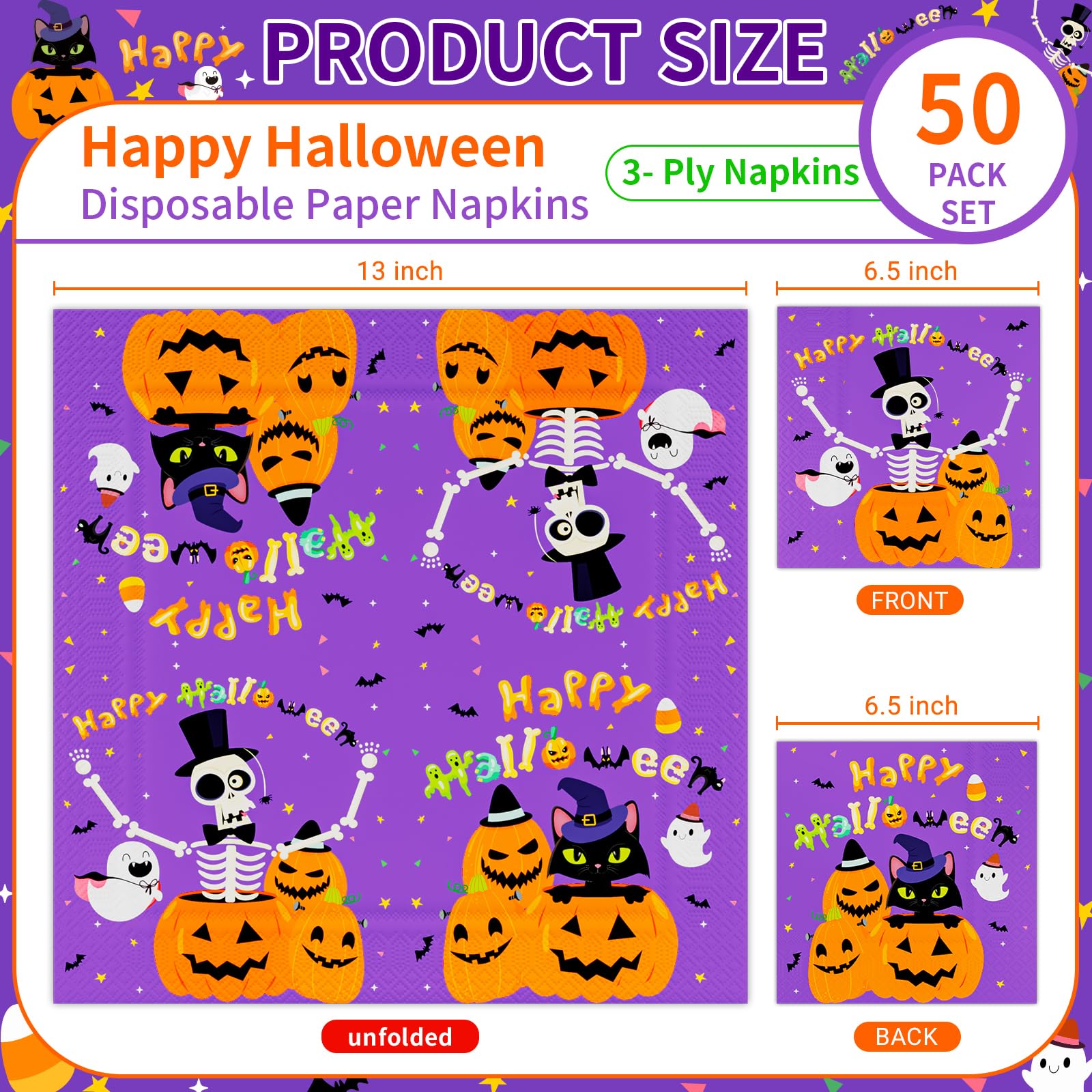 DYLIVeS Halloween Party Napkins, Purple Halloween Pumpkin Cats Ghosts Skeleton Disposable Paper Napkins, Cute Halloween Party Supplies for Luncheon Dessert Halloween Decorations Kids, 50 Pcs, 3 -ply