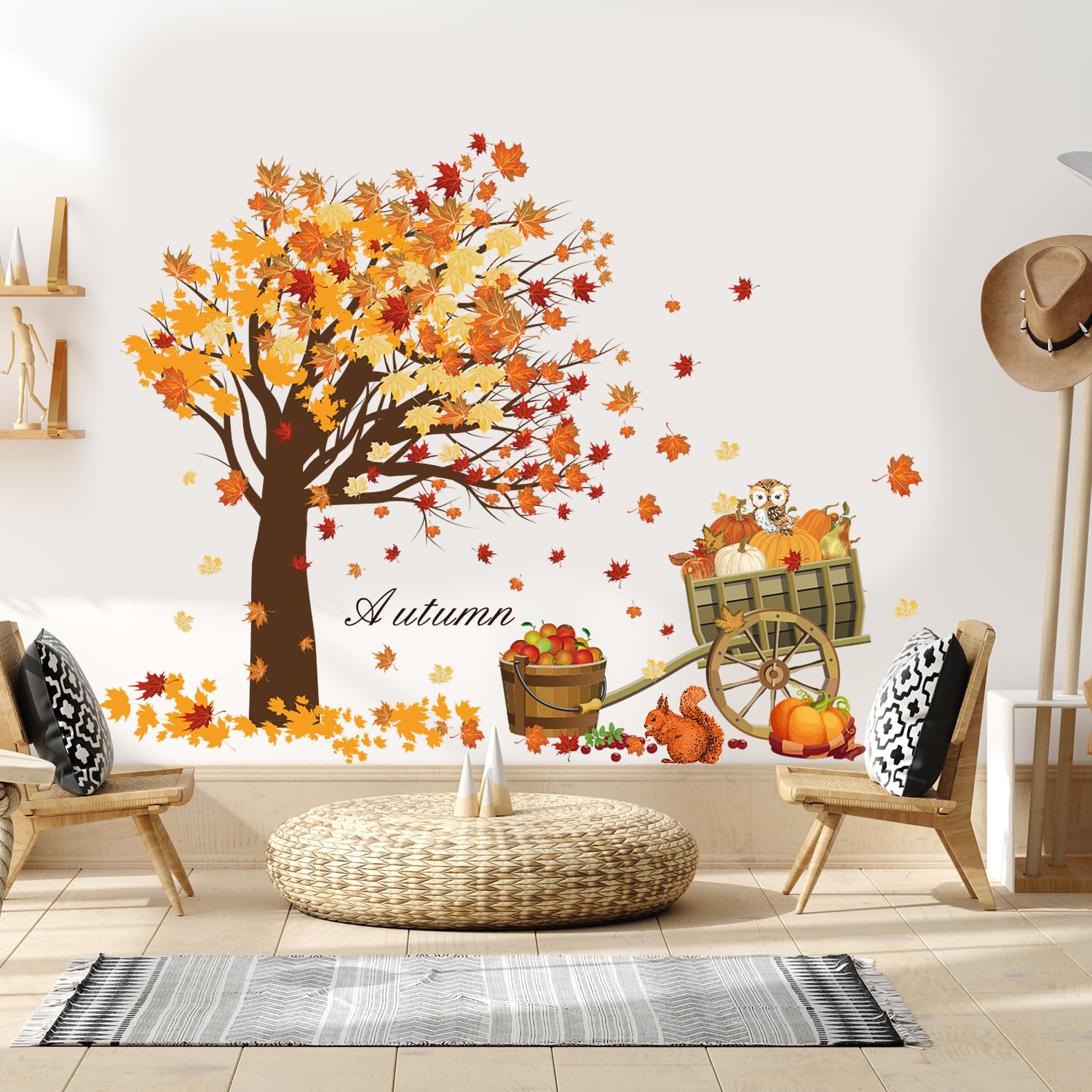 Fall Thanksgiving Wall Sticker Maple Leaves Wall Decals Autumn Harvest Pumpkins Wall Sticker Cute Animals Wall Art Decor for Thanksgiving Party Living Room