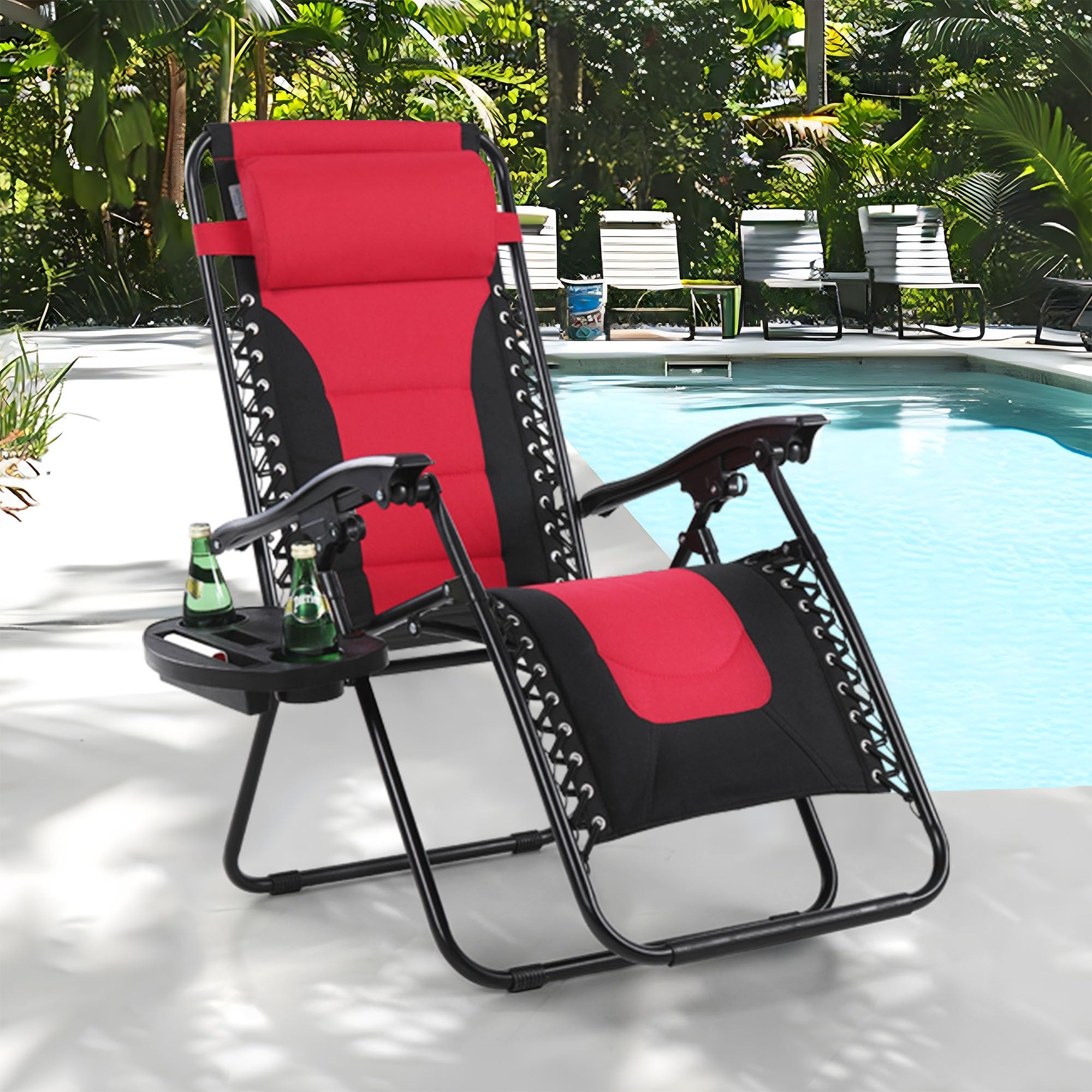 MFSTUDIO Padded Zero Gravity Recliner Chair Set of 2, Folding Patio Lounge Chair w/Adjustable Pillows & Cup Holder for Poolside Backyard, Support 350lbs(Red)