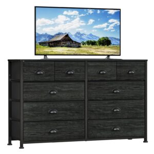 furnulem bedroom dresser for 55”long tv stand entertainment center dresser & chests of drawers,10 storage fabric drawer dressers,sturdy metal frame tall dresser for living room, entryway, black oak