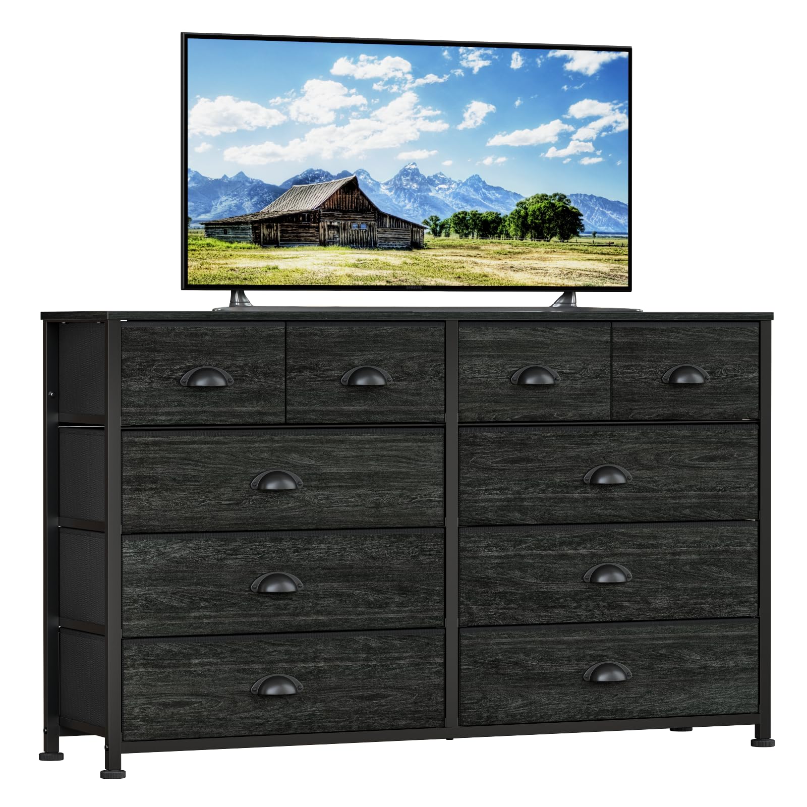 Furnulem Bedroom Dresser for 55”Long TV Stand Entertainment Center Dresser & Chests of Drawers,10 Storage Fabric Drawer Dressers,Sturdy Metal Frame Tall Dresser for Living Room, Entryway, Black Oak