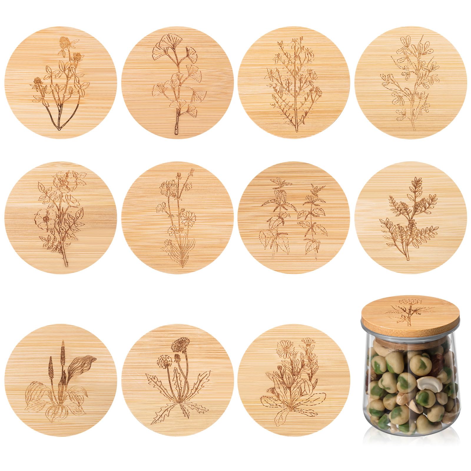 12 Pieces Yogurt Jar Lids Inspirational Yogurt Bamboo Jar Lids Set Flower and Herb Wooden Lids with Silicone Sealing Compatible with Oui Yogurt Jars, Brave Happy Kind Plant (Flower and Herb)