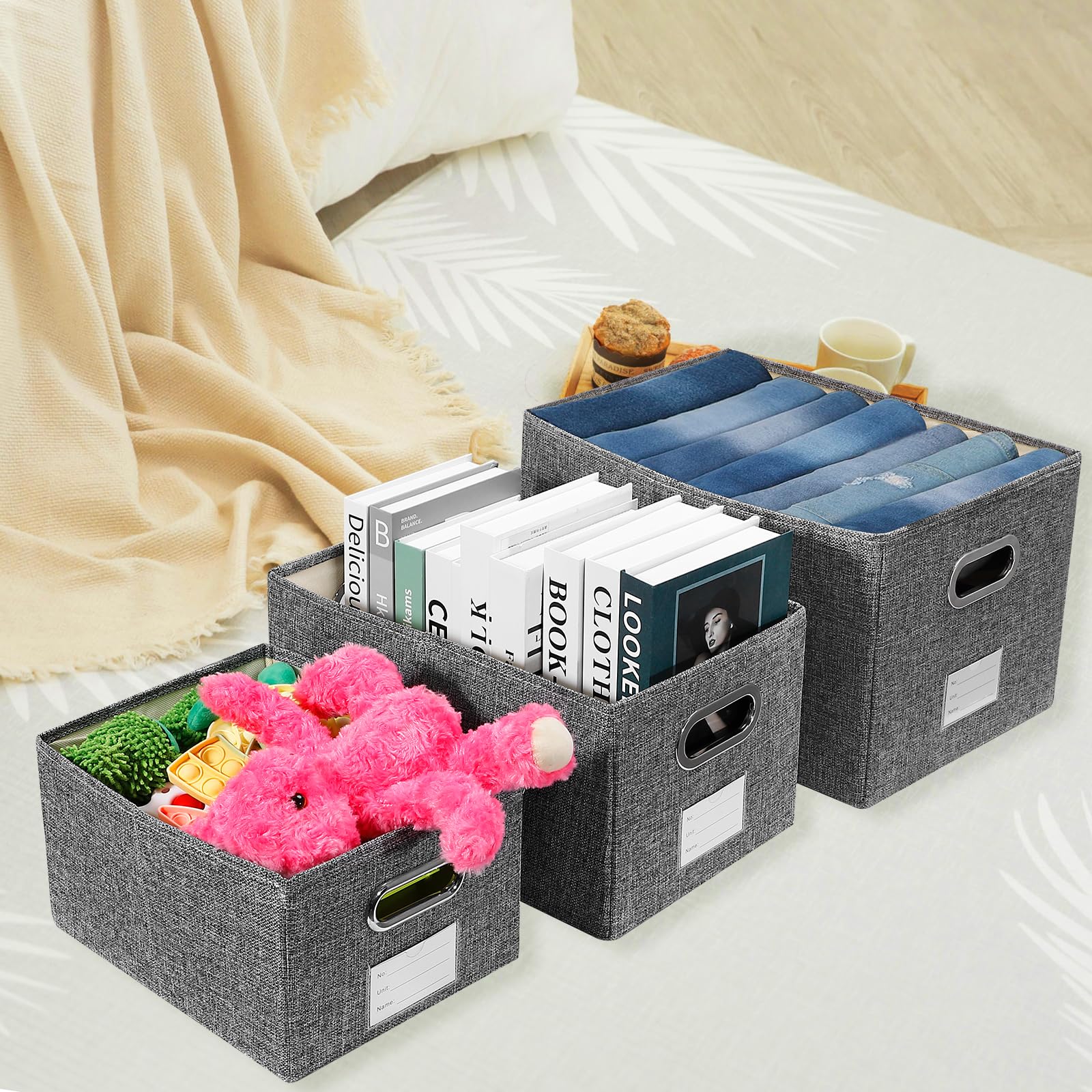 Fassave Foldable Storage Bins with PP Plastic Board, 2 Packs Fabric Storage Container Basket Cube with Handles for Office, Bedroom, Closet (Small-2 Pack, Gray)