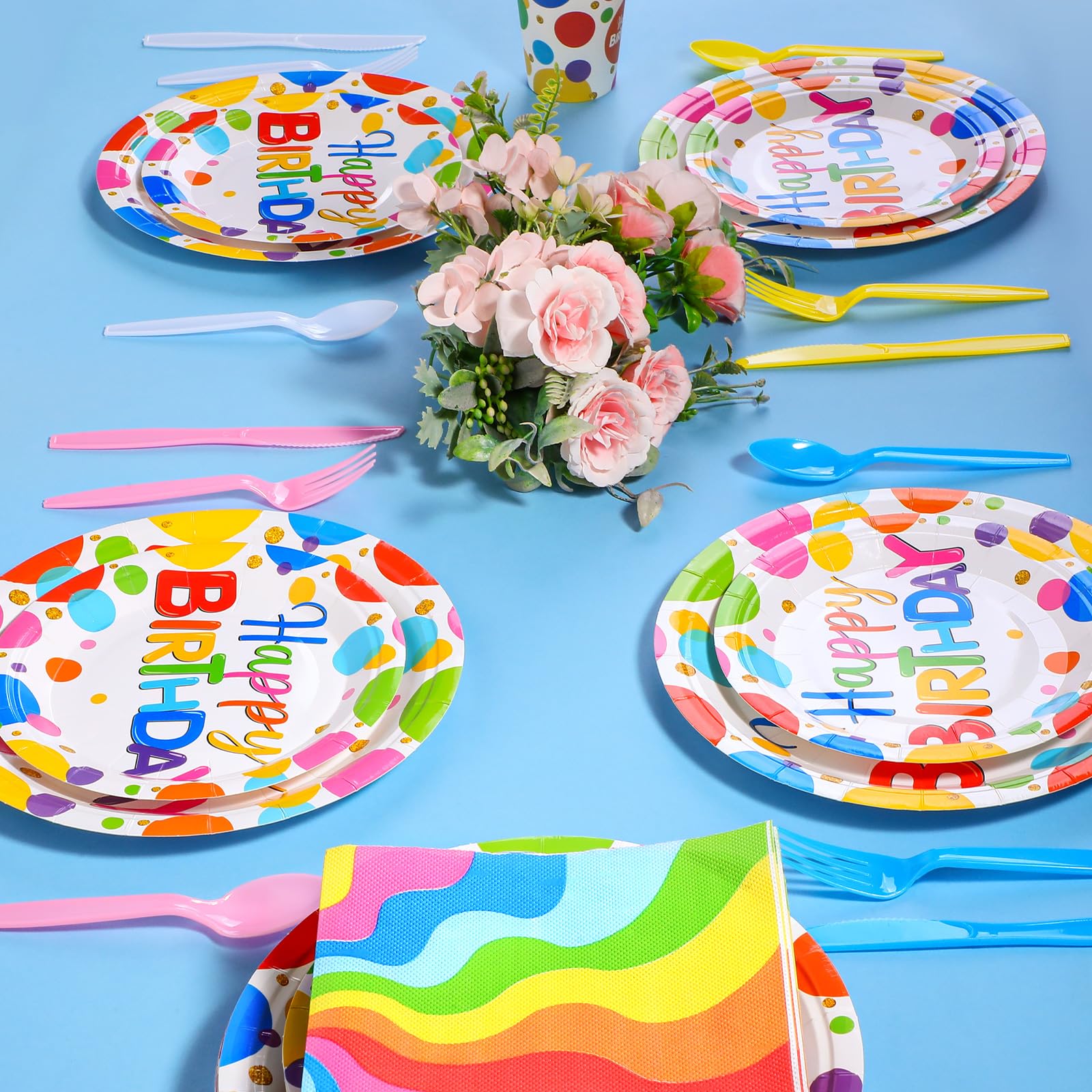 Meanplan Serves 24 Guests Happy Birthday Plates and Napkins Rainbow Polka Dot Birthday Tableware Set Rainbow Dot Birthday Party Decorations for Kids Included Cups Knives Forks Spoons Total 168 Pcs