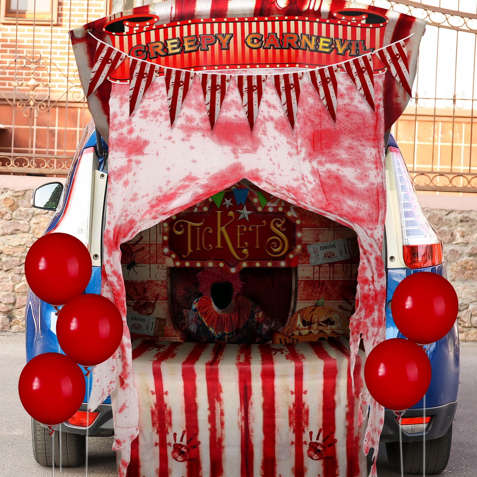 Preboun 9 Pcs Halloween Trunk or Treat Car Decorations Clown Backdrop Zombie Tablecover Tablecloth 5 Balloons Striped Pennant Banner Bloody Splatter Doorway Curtain Creepy Carnival Props for Garage