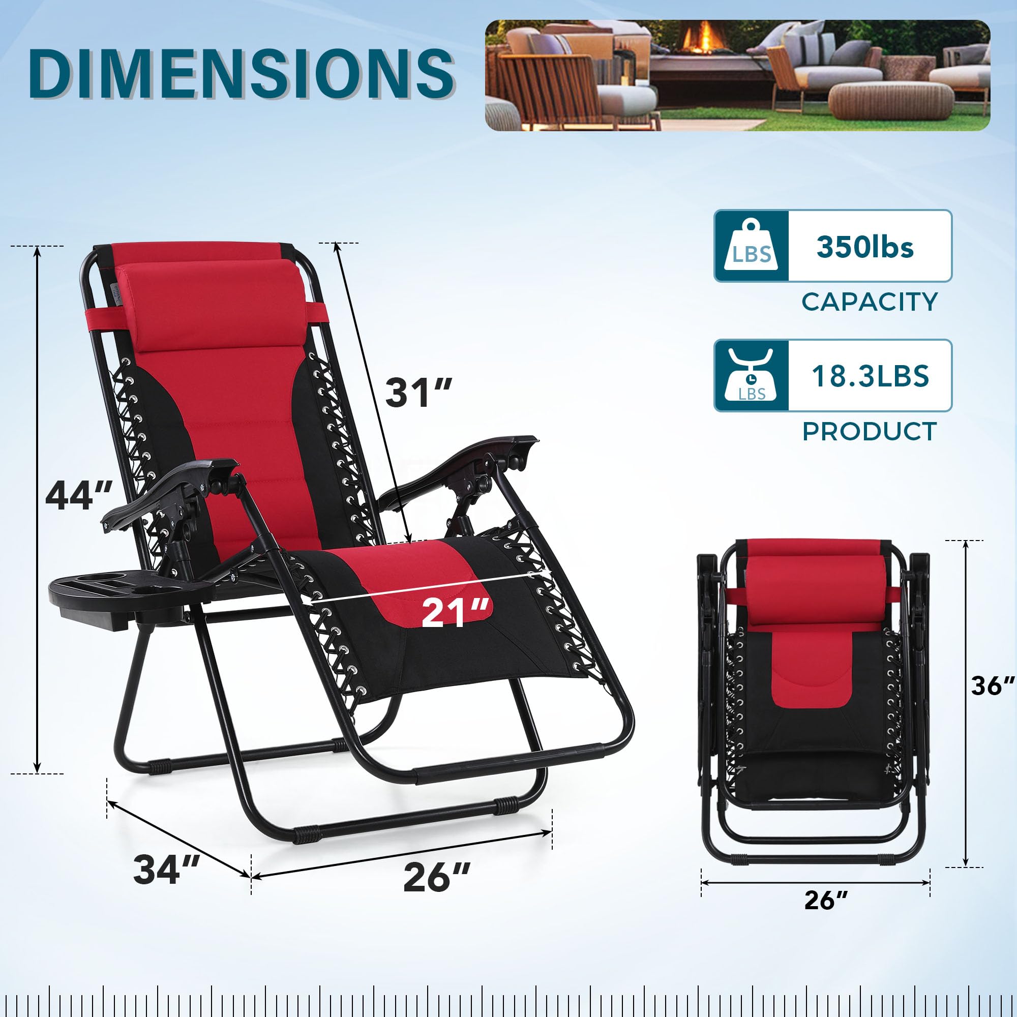 MFSTUDIO Padded Zero Gravity Recliner Chair Set of 2, Folding Patio Lounge Chair w/Adjustable Pillows & Cup Holder for Poolside Backyard, Support 350lbs(Red)