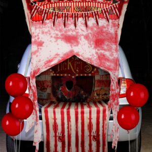 Preboun 9 Pcs Halloween Trunk or Treat Car Decorations Clown Backdrop Zombie Tablecover Tablecloth 5 Balloons Striped Pennant Banner Bloody Splatter Doorway Curtain Creepy Carnival Props for Garage