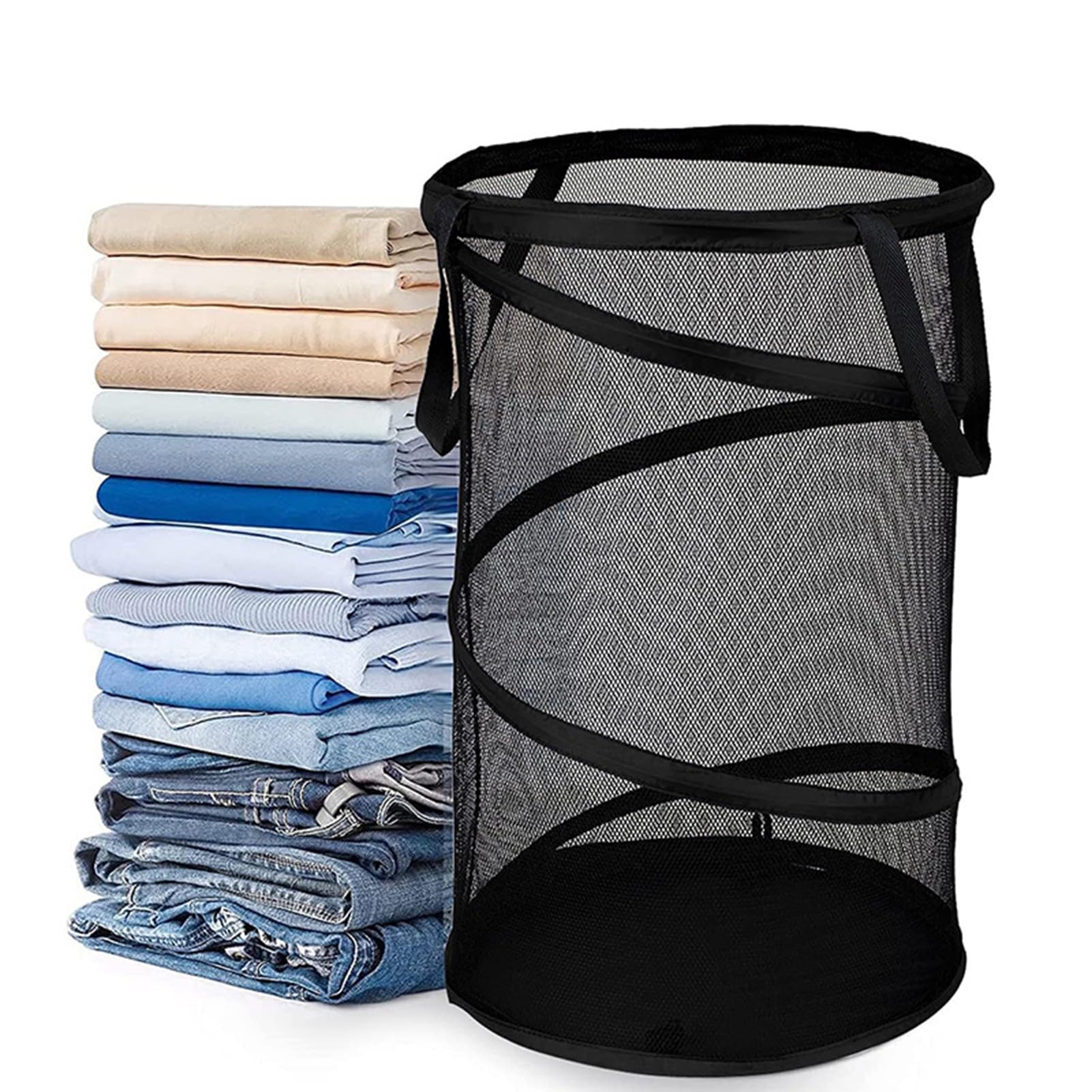 Smalibal Large Fine Mesh Laundry Basket, with Handles Laundry Hamper, Foldable Lightweight Basket, Collapsible Laundry Bag, Durable Clothing Storage, Freestanding Tall Clothes Hamper Black