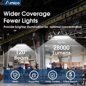 Amico 200W 10 Pack UFO LED High Bay Light 28,000lm 5000K LED High Bay Lights with UL Listed US Hook 5' Cable Alternative to 650W MH/HPS for Gym Factory Barn Warehouse