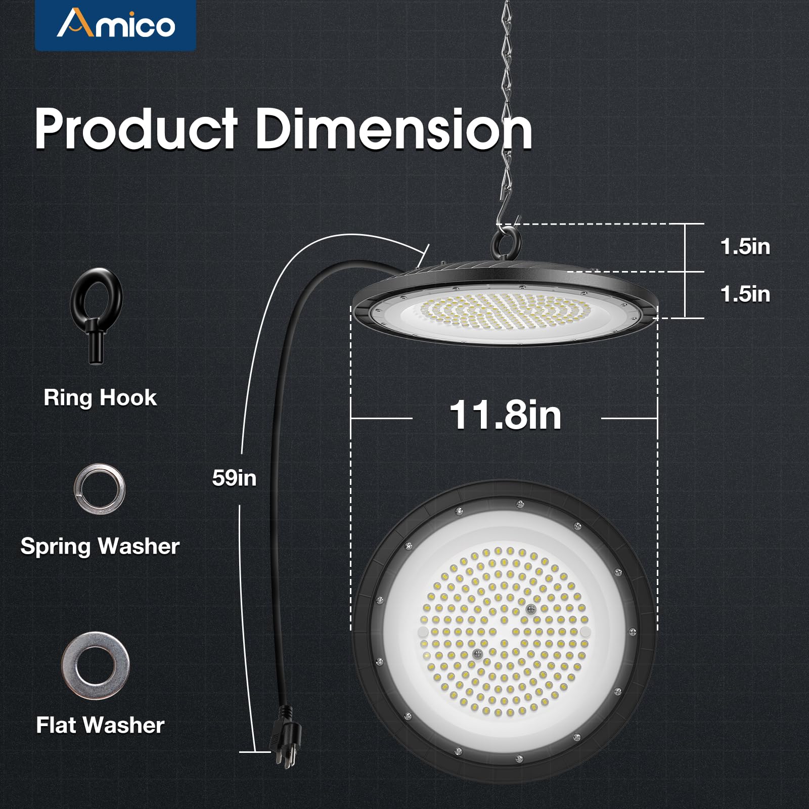 Amico 200W 10 Pack UFO LED High Bay Light 28,000lm 5000K LED High Bay Lights with UL Listed US Hook 5' Cable Alternative to 650W MH/HPS for Gym Factory Barn Warehouse