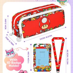 Trendy Fun for Large Pencil Case Big Capacity 3 Compartments Pencil Pouch Cute Cartoon Design Aesthetic Pen Bag with Zipper for Girls Teens Estuche para Lapices Sticker +Pen+ ID Badge Holder+Lanyard