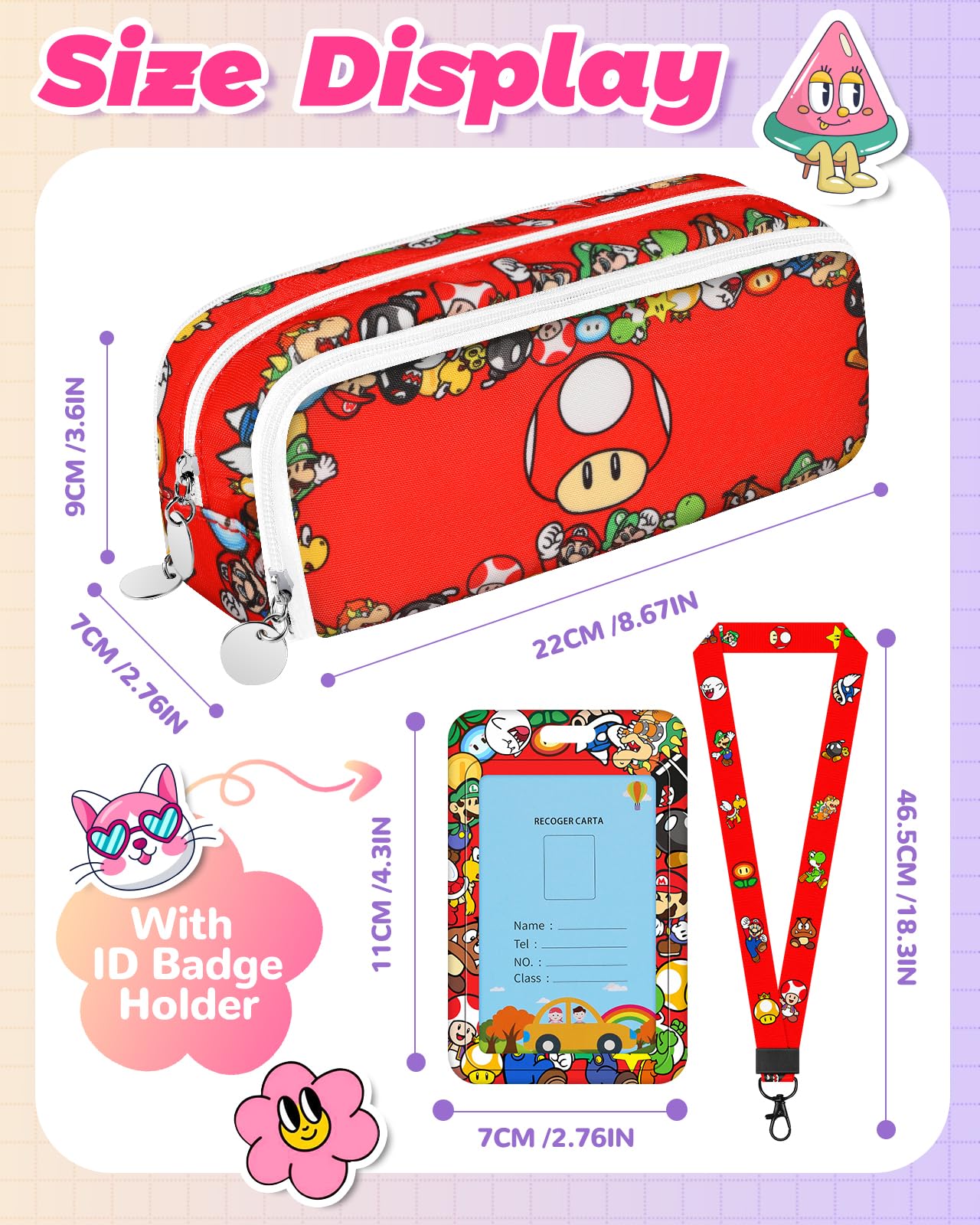 Trendy Fun for Large Pencil Case Big Capacity 3 Compartments Pencil Pouch Cute Cartoon Design Aesthetic Pen Bag with Zipper for Girls Teens Estuche para Lapices Sticker +Pen+ ID Badge Holder+Lanyard