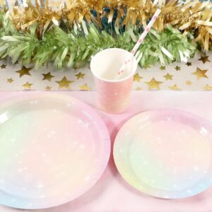 Pastel Birthday Party Supplies Decorations, Rainbow Theme Birthday Paper Plates and Napkins Set with Cups and Straws for 24 Guests, 120 Pcs Disposable Party Dessert Dinnerwares