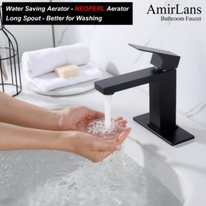 AmirLans Black Faucet Bathroom, Stainless Steel Matte Black Bathroom Faucet Single Hole with Pop Up Drain, Single Handle Faucet AML-1141-BK