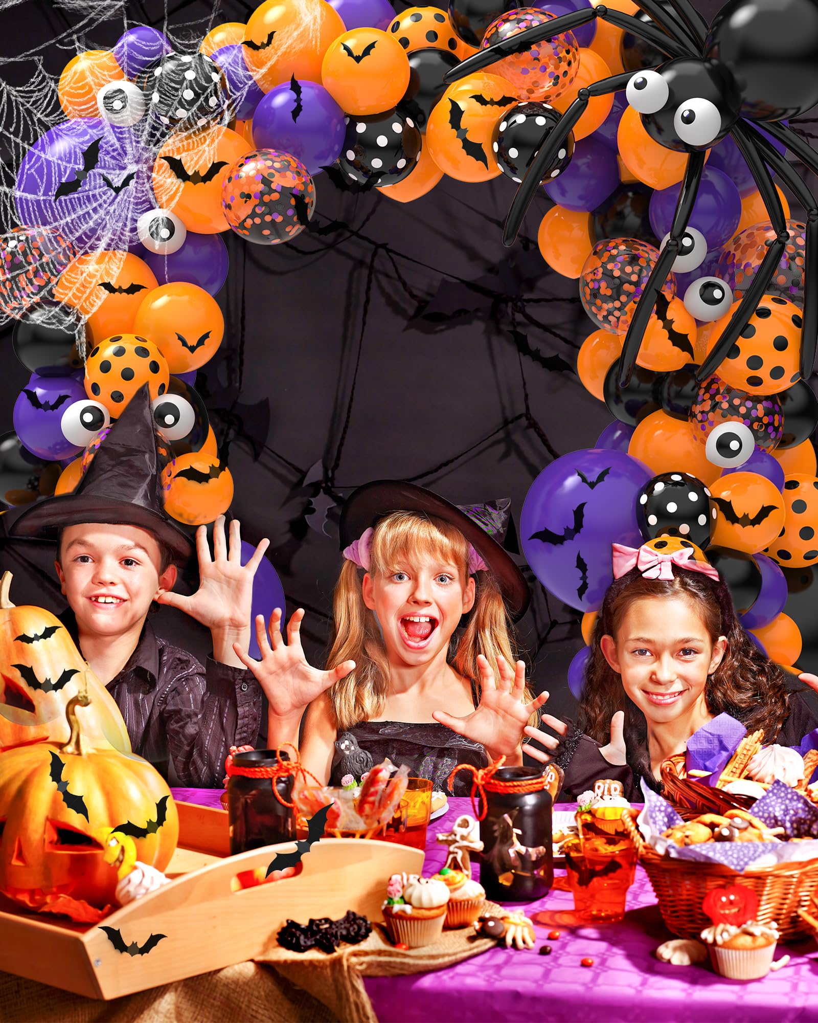 Lutoys 126 Pcs Halloween Balloon Garland Arch Kit, Eye Balloons with Spider Web, Bats, Purple Orange and Black Balloons for Halloween Birthday Supplies Halloween Party Decorations