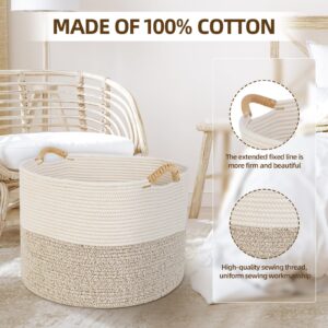 Large Cotton Rope Woven Laundry Basket (20"x14"), Blanket Basket for Living Room, Wicker Laundry Basket with Handle, Clothes Hamper, Round Storage Basket for Clothes, Hamper for Bedroom Aesthetic