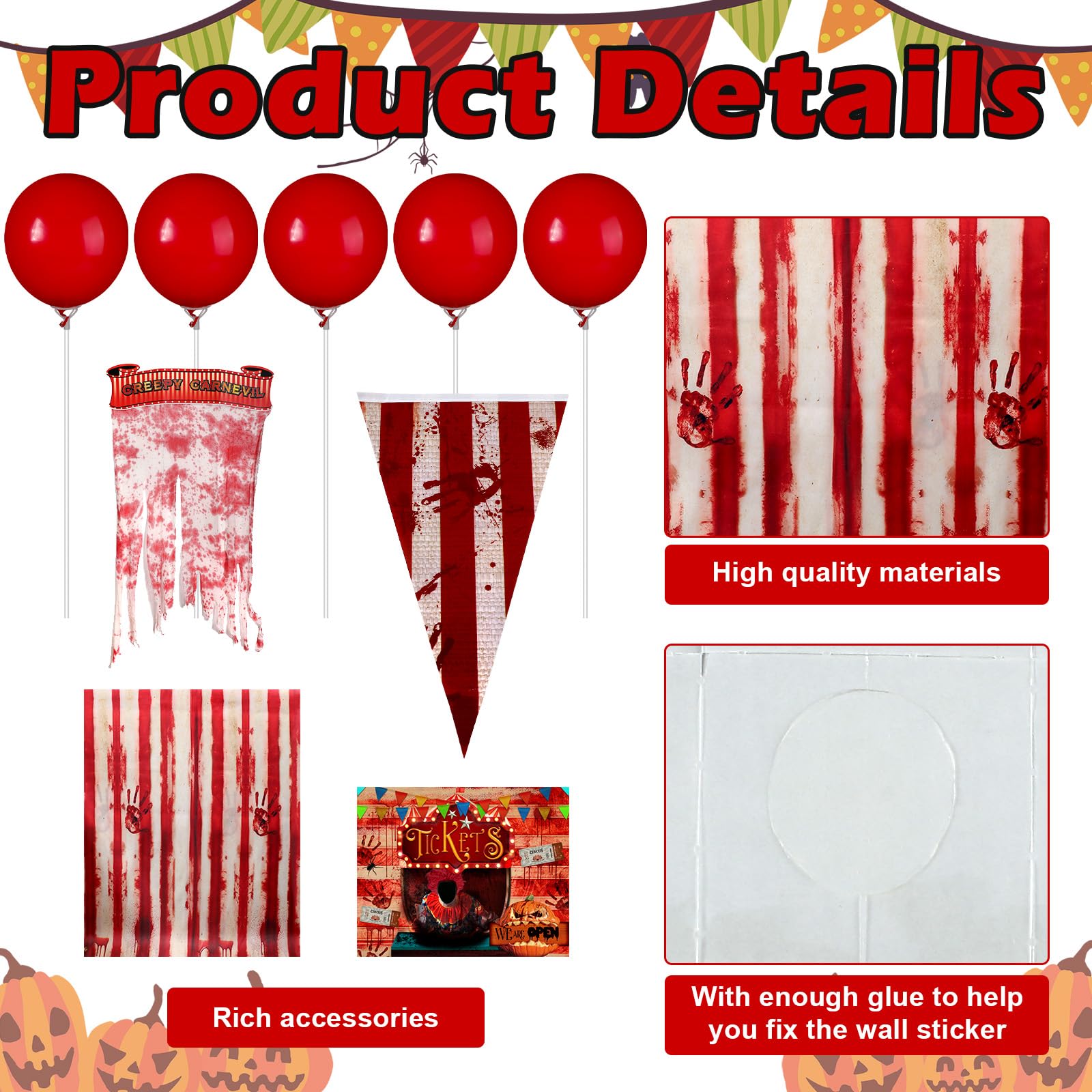 Preboun 9 Pcs Halloween Trunk or Treat Car Decorations Clown Backdrop Zombie Tablecover Tablecloth 5 Balloons Striped Pennant Banner Bloody Splatter Doorway Curtain Creepy Carnival Props for Garage