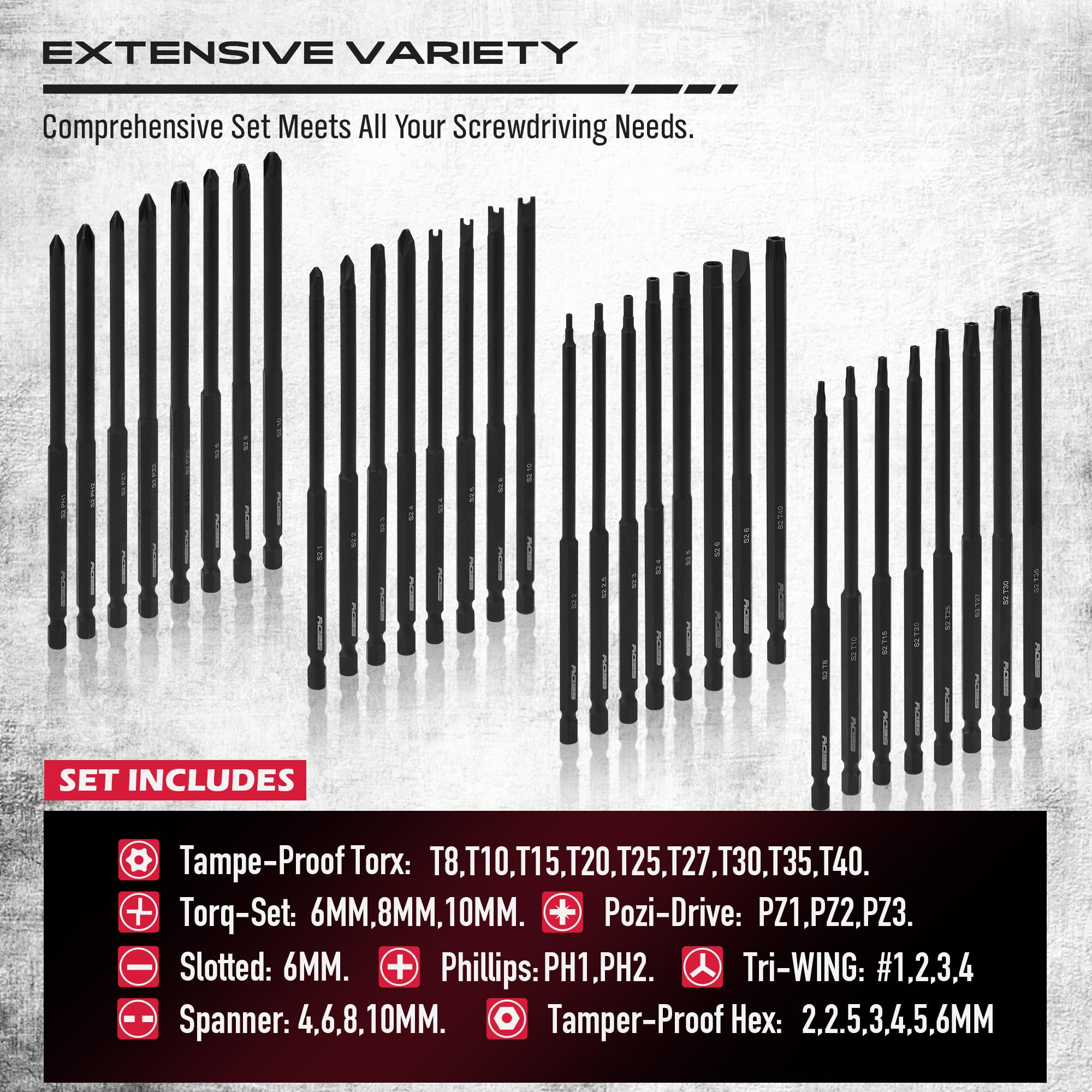 Extra Long Security Bit Set" 32-Piece S2 Steel Screwdriver Drill Bits for Tamper-Proof Screws, 6" Torx, PoziDriv, Spanner, Tri-Wing - Universal 1/4" Hex Shank for Electric, Impact Drills