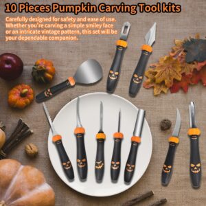 Halloween 10 Piece Pumpkin Carving Kit with Storage Bag, Stainless Steel Pumpkin Carving Tools Knife Set for Halloween Jack-O-Lantern DIY Decoration, Anti-Slip Rubber Handles,Gift for Halloween