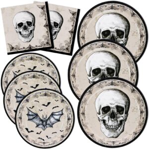 dylives halloween party plates and napkins set, 150 pcs halloween skull bats tableware for boys adult happy halloween party supplies disposable dinnerware holiday halloween decorations, serve 50