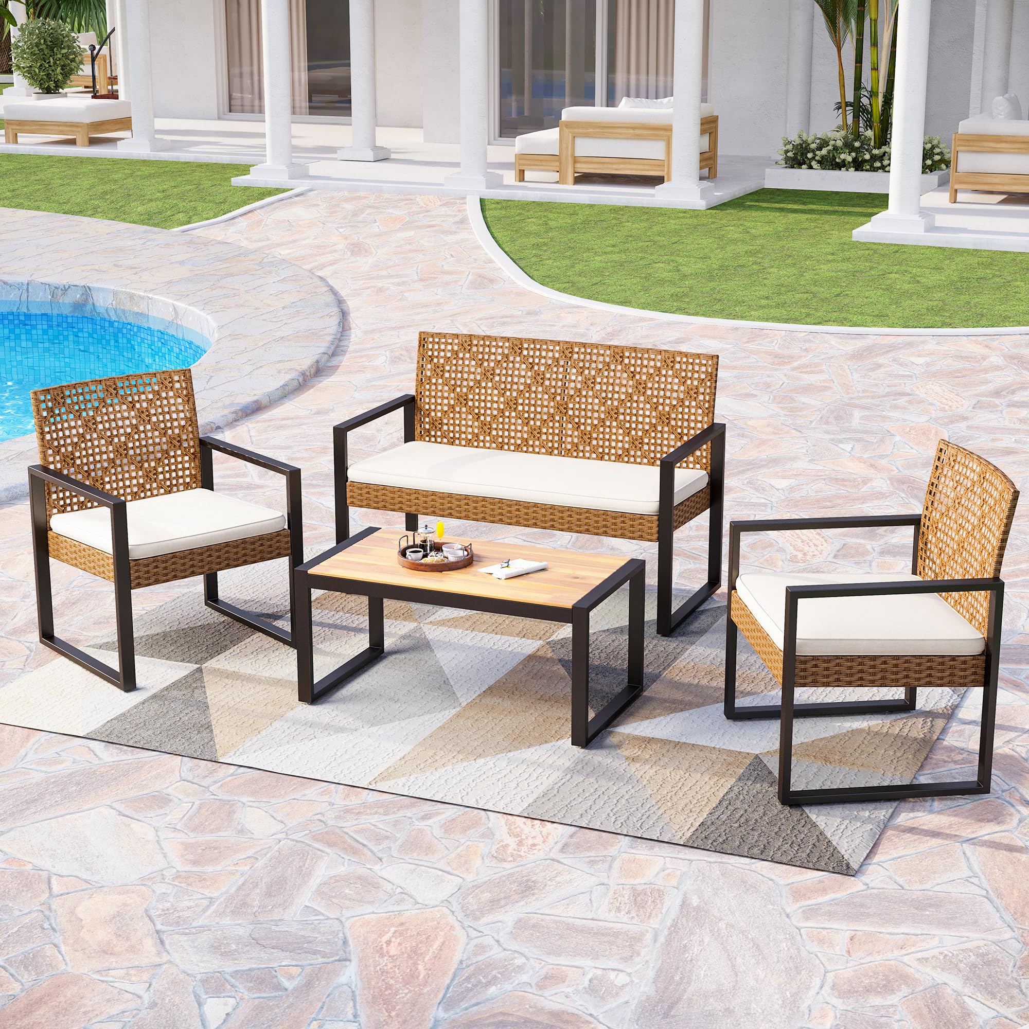 PHI VILLA Wicker Patio Furniture Set for 4, Rattan Loveseat & Chairs with Beige Cushions & Acacia Wood Coffee Table, Outdoor Modern Sectional Conversation Sofa Set for Deck, Yard, Porch