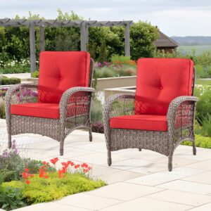 meetleisure wicker patio chairs set of 2 - outdoor rattan chairs with handmade pe wicker & olefin fabric cushions, patio rattan chairs suitable for lawn porch and deck(mixed grey/red)