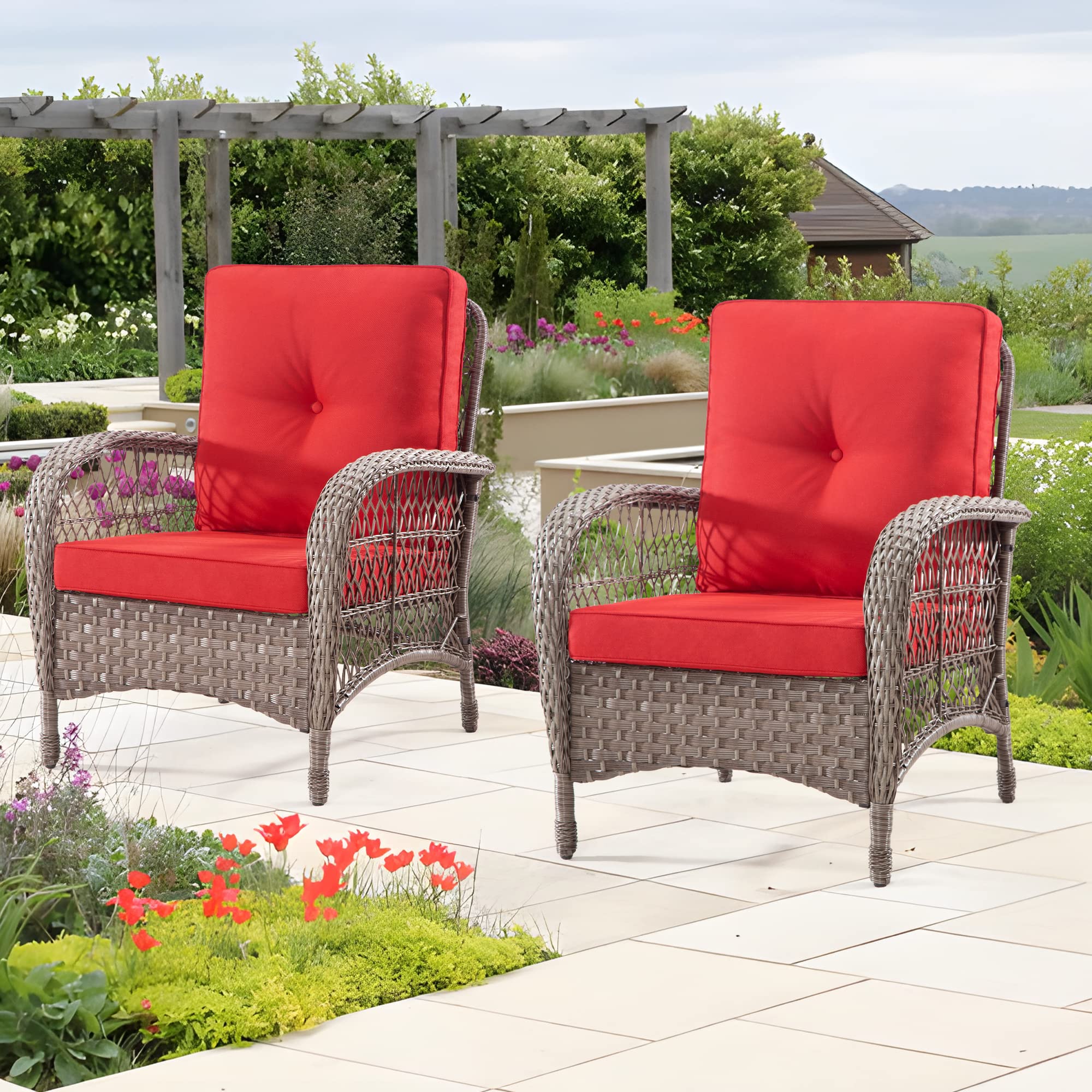 MeetLeisure Wicker Patio Chairs Set of 2 - Outdoor Rattan Chairs with Handmade PE Wicker & Olefin Fabric Cushions, Patio Rattan Chairs Suitable for Lawn Porch and Deck(Mixed Grey/Red)