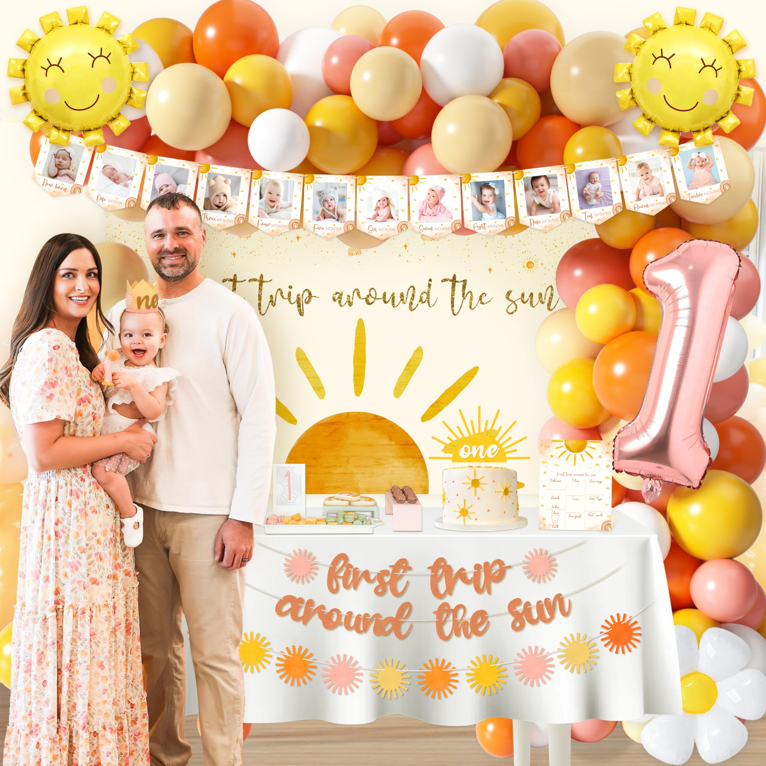 First Trip Around The Sun Birthday Decorations for Girl Boho Sun 1st Birthday Supplies First Trip Around The Sun Backdrop Balloons Garland Monthly Photo Banner Sun Theme 1st Birthday Party