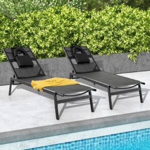 Giantex Patio Chaise Lounge Chair - Outdoor Lounge Chaise with Face Hole, Detachable Head Pillows, 5-Position Adjustable Tanning Chair for Poolside, Yard, Deck, Outside Sunbathing Chair (1, Black)