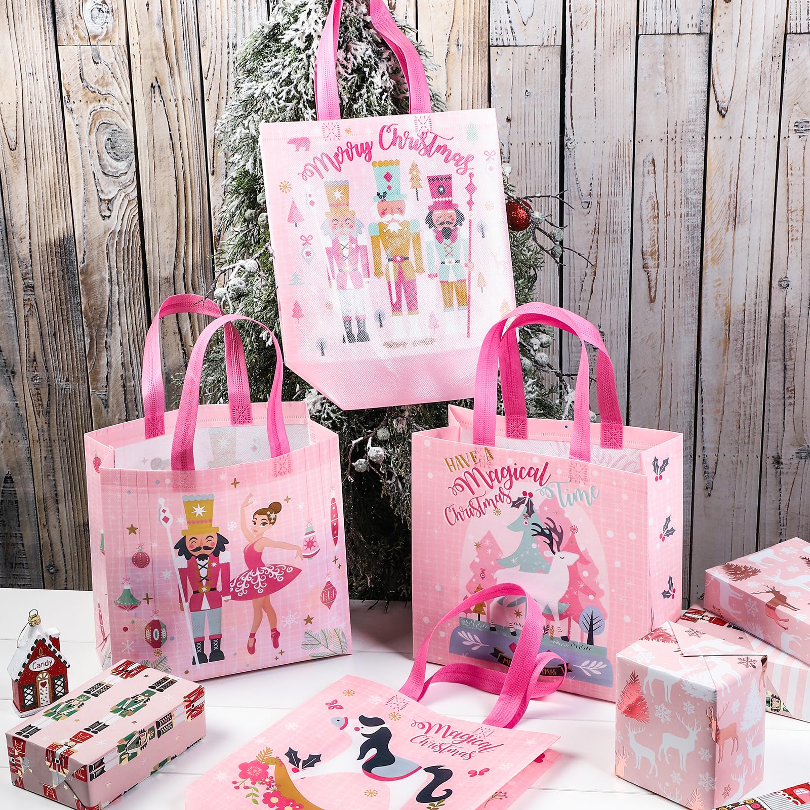 LeZakaa 12PCS Bags with Handles, Pink Recycled Bags, Treat Bags, Multifunctional Non-Woven Christmas Bags for Child, Kids - Cartoon Pattern, 10.5' x 5'x 10.5'