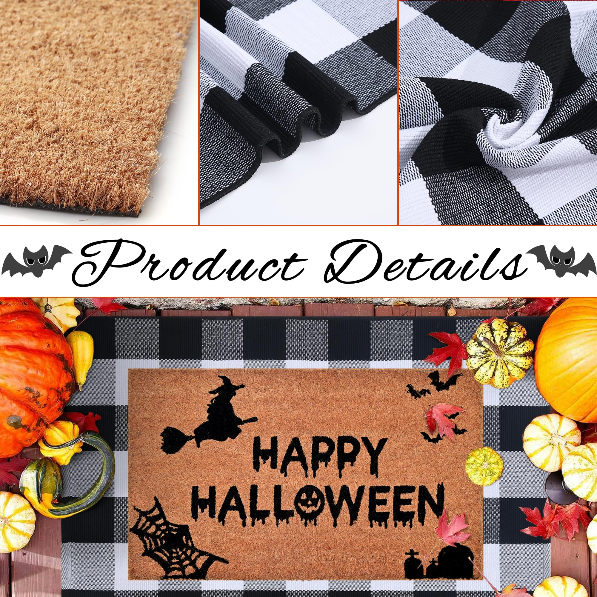 Halloween Decor Doormat Combo Set, 100% Coco Coir Welcome Mat + 28 x 43 Inches Black and White Plaid Mat- Halloween Front Porch Entryway Decor Floor Mat, Outdoor Mats Happy Halloween