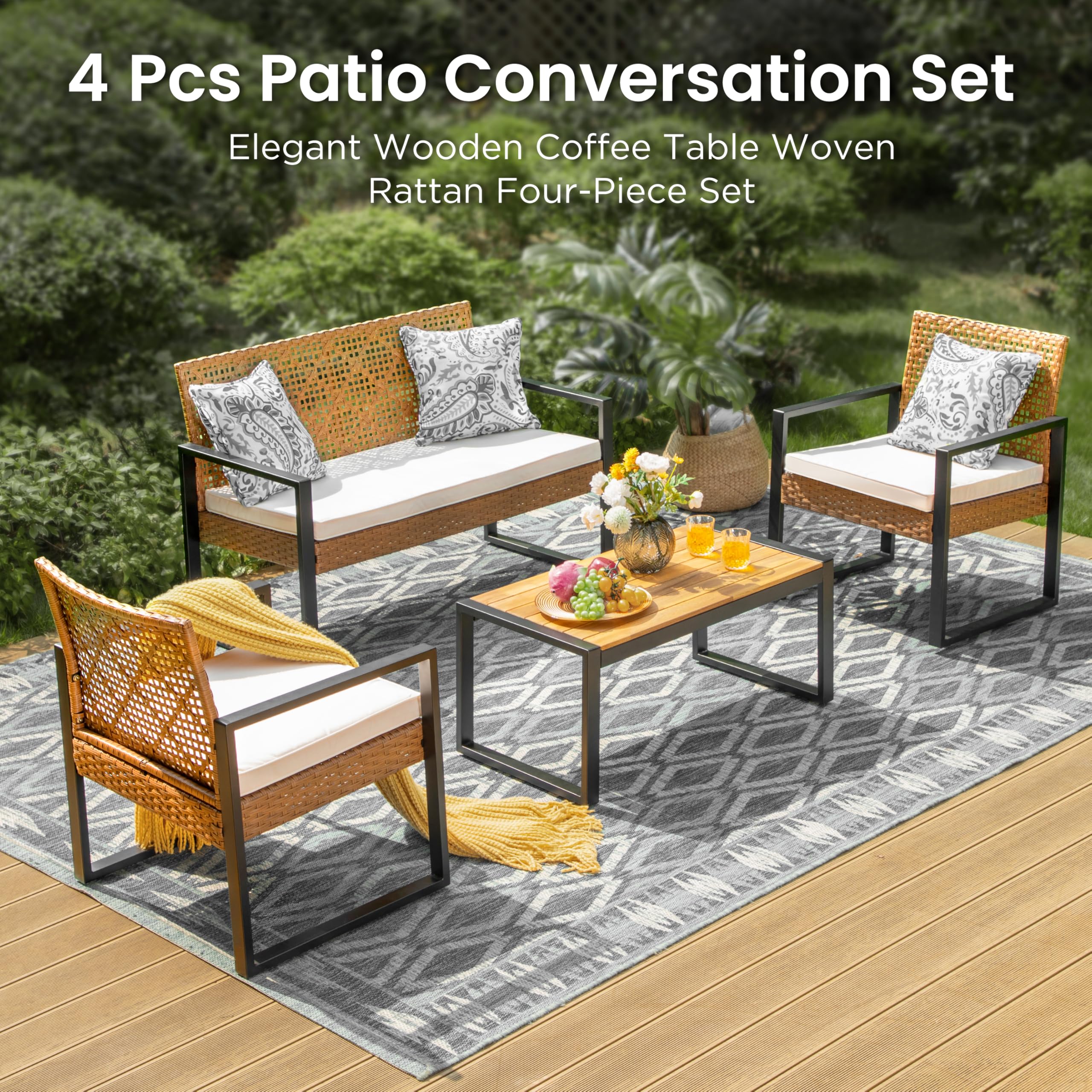 PHI VILLA Wicker Patio Furniture Set for 4, Rattan Loveseat & Chairs with Beige Cushions & Acacia Wood Coffee Table, Outdoor Modern Sectional Conversation Sofa Set for Deck, Yard, Porch