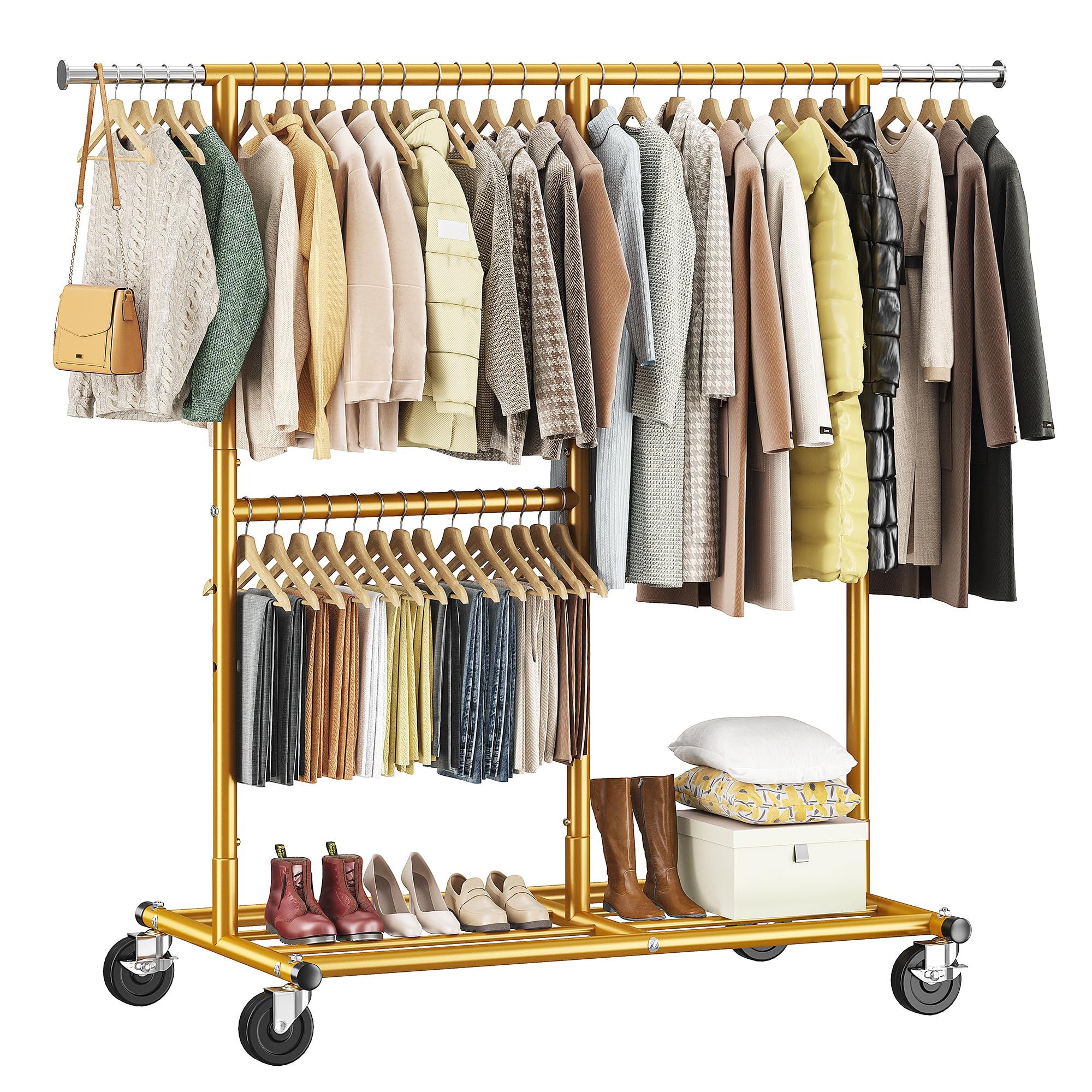 Raybee Gold Clothing Rack Heavy Duty Clothes Rack with Wheels Rolling Clothing Racks for Hanging Clothes for Walk-in Closet, Bed Room, Laundry Room,Commercial,17.7" D x 69.1" W x 71.9" H, Gold