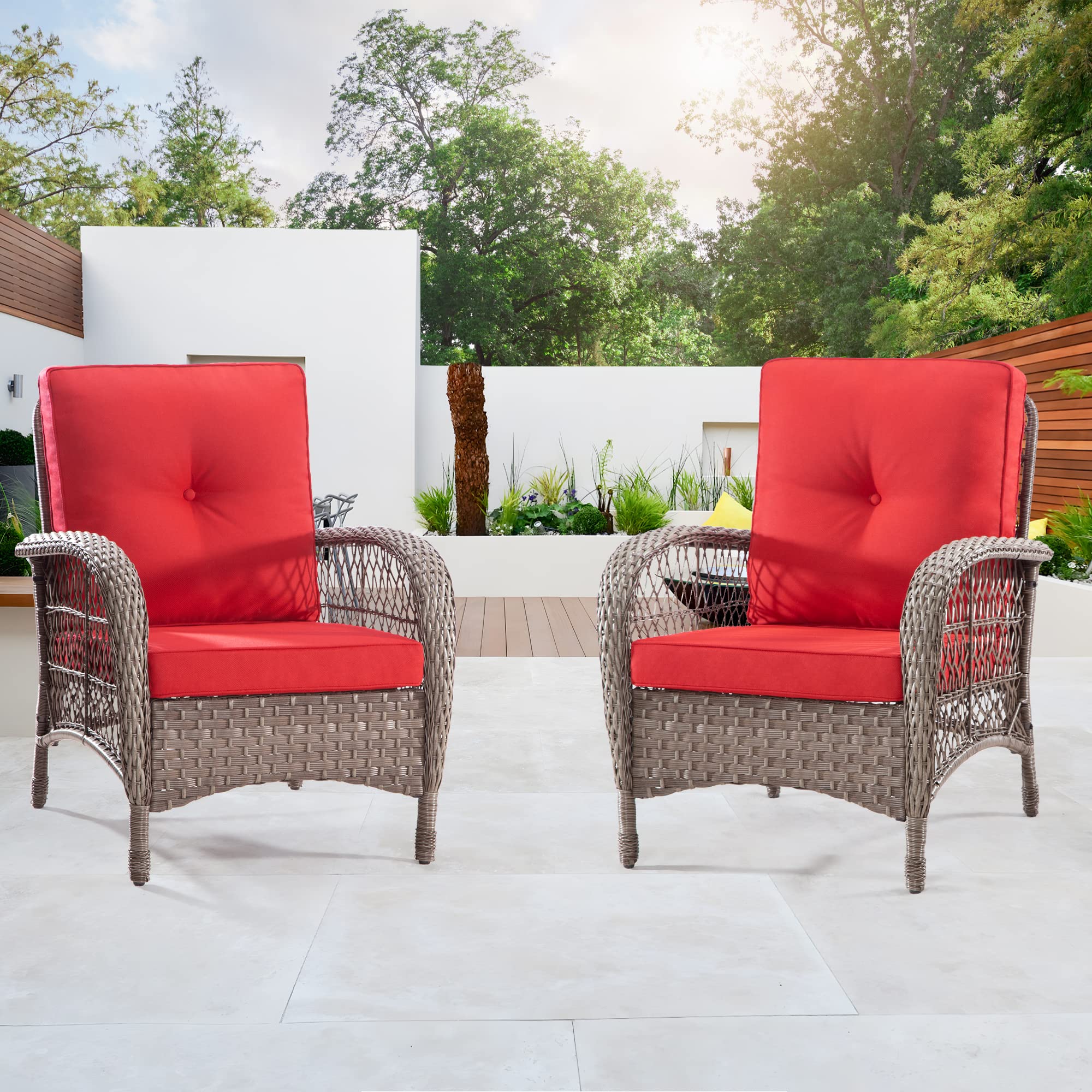 MeetLeisure Wicker Patio Chairs Set of 2 - Outdoor Rattan Chairs with Handmade PE Wicker & Olefin Fabric Cushions, Patio Rattan Chairs Suitable for Lawn Porch and Deck(Mixed Grey/Red)