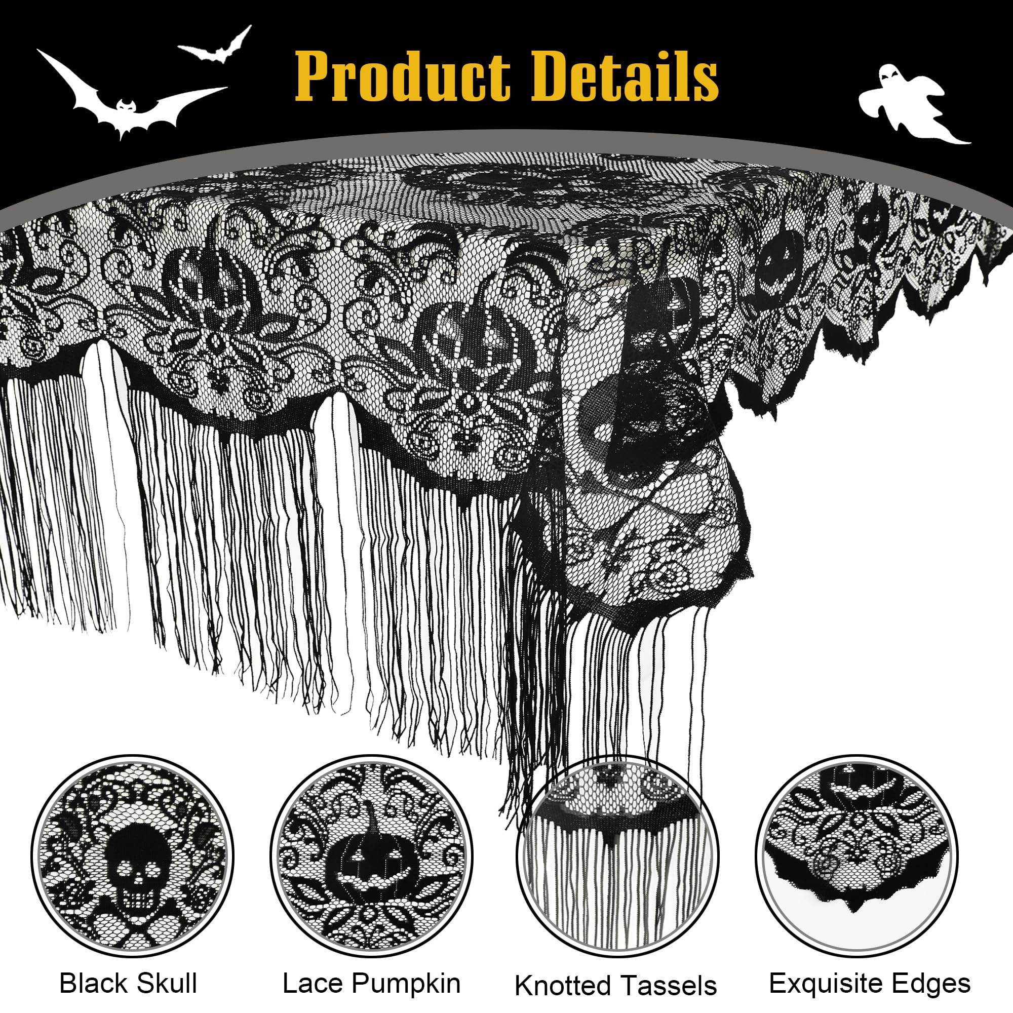 Simplebrand Black Lace Halloween Tablecloth Runner 52 x 52Inch, Rectangular Skull Lace Tablecloth with Tassel for Halloween Party, Pumpkin Table Cover Halloween Table Decorations