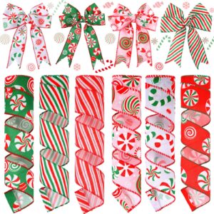 yingzhao 6 rolls 30 yards christmas candy peppermint wired edge ribbon christmas candy ribbon burlap ribbon red green candy cane fabric craft ribbon for christmas tree decoration gift wrapping wreaths