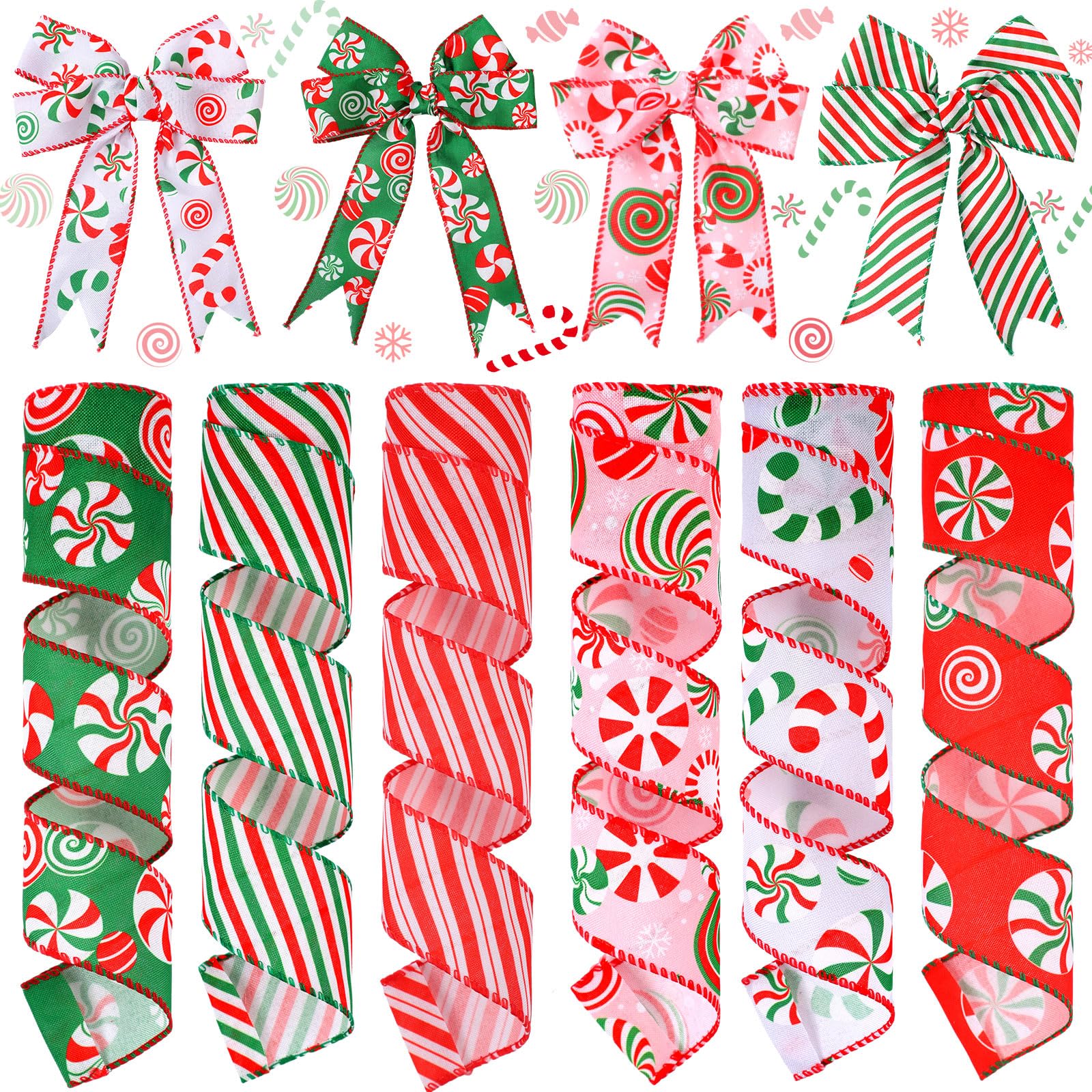 Yingzhao 6 Rolls 30 Yards Christmas Candy Peppermint Wired Edge Ribbon Christmas Candy Ribbon Burlap Ribbon Red Green Candy Cane Fabric Craft Ribbon For Christmas Tree Decoration Gift Wrapping Wreaths