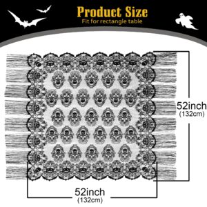 Simplebrand Black Lace Halloween Tablecloth Runner 52 x 52Inch, Rectangular Skull Lace Tablecloth with Tassel for Halloween Party, Pumpkin Table Cover Halloween Table Decorations