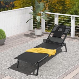 Giantex Patio Chaise Lounge Chair - Outdoor Lounge Chaise with Face Hole, Detachable Head Pillows, 5-Position Adjustable Tanning Chair for Poolside, Yard, Deck, Outside Sunbathing Chair (1, Black)