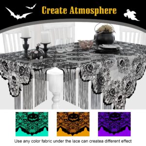 Simplebrand Black Lace Halloween Tablecloth Runner 52 x 52Inch, Rectangular Skull Lace Tablecloth with Tassel for Halloween Party, Pumpkin Table Cover Halloween Table Decorations