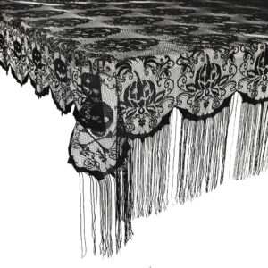 simplebrand black lace halloween tablecloth runner 52 x 52inch, rectangular skull lace tablecloth with tassel for halloween party, pumpkin table cover halloween table decorations