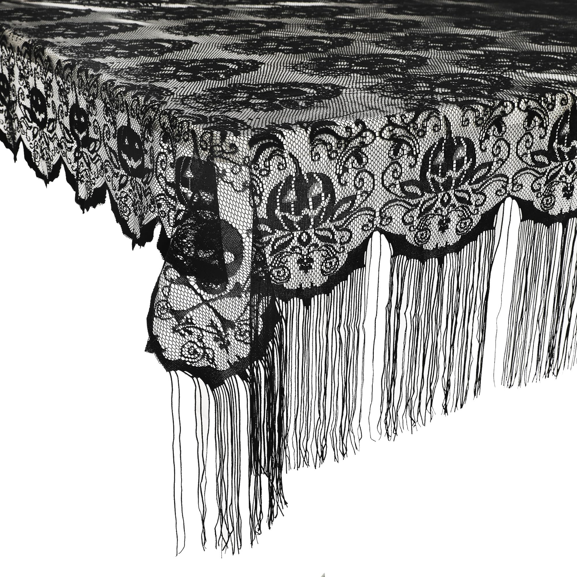 Simplebrand Black Lace Halloween Tablecloth Runner 52 x 52Inch, Rectangular Skull Lace Tablecloth with Tassel for Halloween Party, Pumpkin Table Cover Halloween Table Decorations