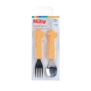 Nuby Animal Friends Silicone and Stainless Steel Fork and Spoon Set - 12+ Months - Yellow Giraffe