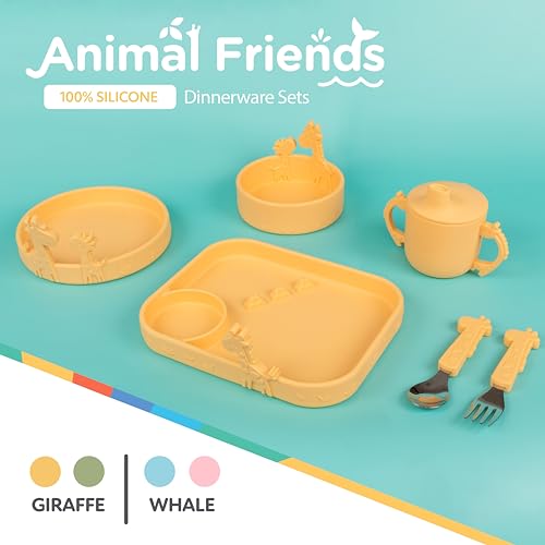 Nuby Animal Friends Silicone and Stainless Steel Fork and Spoon Set - 12+ Months - Yellow Giraffe