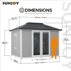 Sunjoy Office Shed for Outdoor, Tiny House 10'x12.6' She Shed, Backyard Office, Multipurpose Outdoor Room, Home Gym with Floor, 2 Windows and Lockable Doors