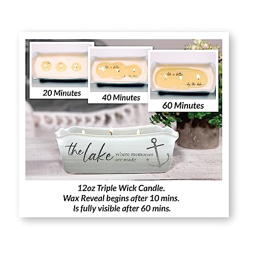 Pavilion - at The Lake - 12-Ounce Wax Reveal Natural Soy Wax 3 Wick Candle, Jasmine Scented, Hidden Message Candle, Lake House Décor, 1 Count, 7.5 x 3.5 x 2.25-inch, Gray